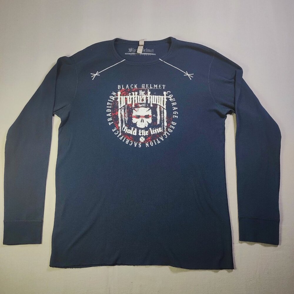 Moto rider Black Helmet crew neck knit pullover men's size XL dark blue graphic